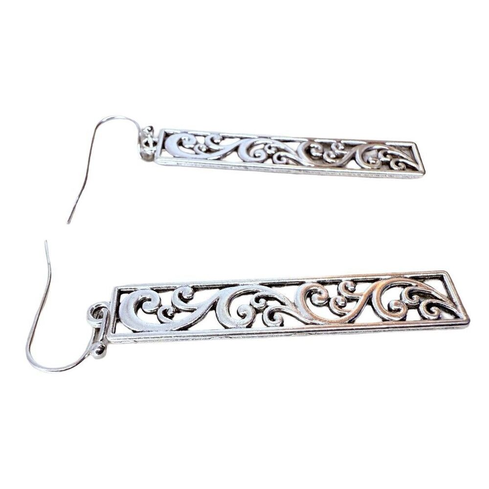 Silver-Tone Rectangular Dangle Earrings 2" Filigr… - image 3